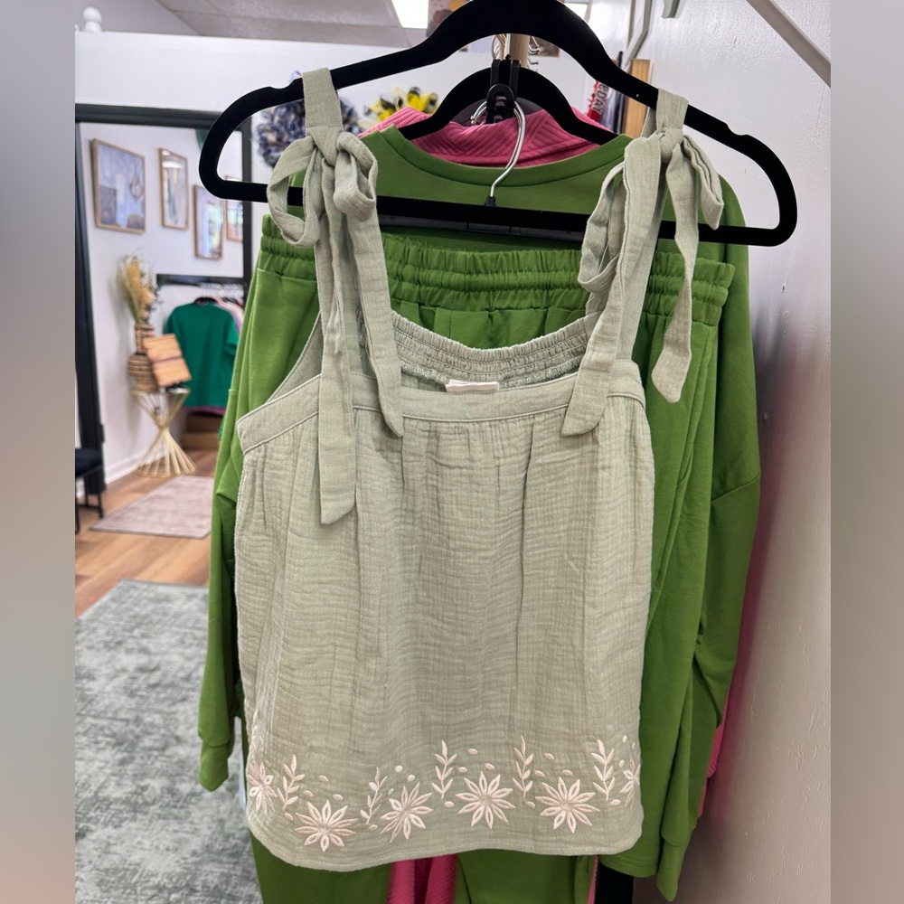 NWT Green Sleeveless Top with Floral Embroidery